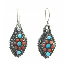Earrings Silver 925 Sterling Dangle Drop Women Coral & Turquoise Stone Gift B629